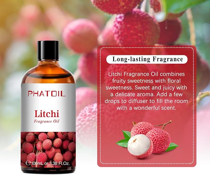 PHATOIL Litchi Fragrance Oil for Diffuser Aromatherapy 3.38FL.OZ | Long Lasting Scented Oils For Humidifier, Air Freshener, DIY Soap Candle, Scent Project Making, Aroma Oil for Home Freshening