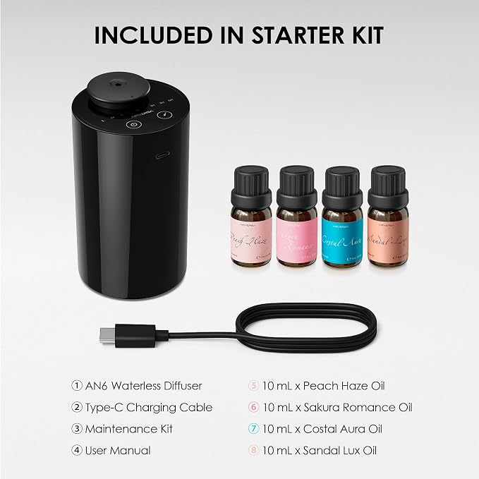 Airversa AN6 Waterless Essential Oil Diffuser Starter Kit, Black | 4 x 10mL Fragrance Oi, Up to 600 sq ft, Battery Operated, Portable for Home Car Office, AN6Kit-4x10-02