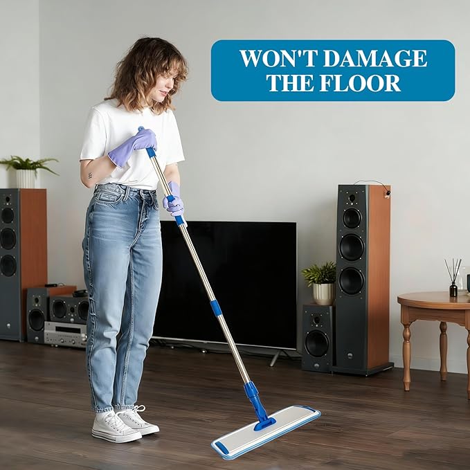 HONOVA 17.5" Microfiber Mop for Floor Cleaning, Blue Flat Floor Mop | 59" Stainless Steel Handle, 4 Reusable Washable Replacement Pads, Wet & Dry Use, for Hardwood Tile Laminate