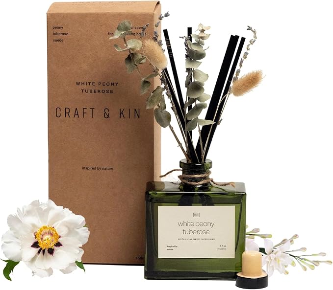 Craft & Kin Premium Mayan Copal Reed Diffuser – 3.4 oz Natural Essential Oil Diffuser for Home & Bathroom – Long-Lasting Fragrance with Rattan Scent Sticks – Green Glass Room Decor