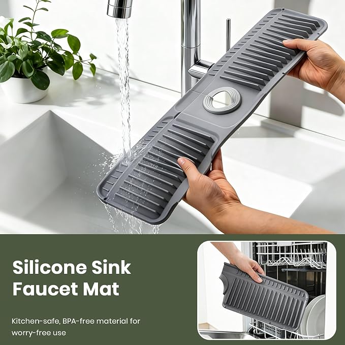 24 Inch Faucet Mat for Kitchen Sink, Silicone Splash Guard for Kitchen Sink Area, 7° Slope Fast Self-Draining Sink Mat, Cuttable Hole Design, Sink Backsplash Guard Draining Mat, Dark Grey