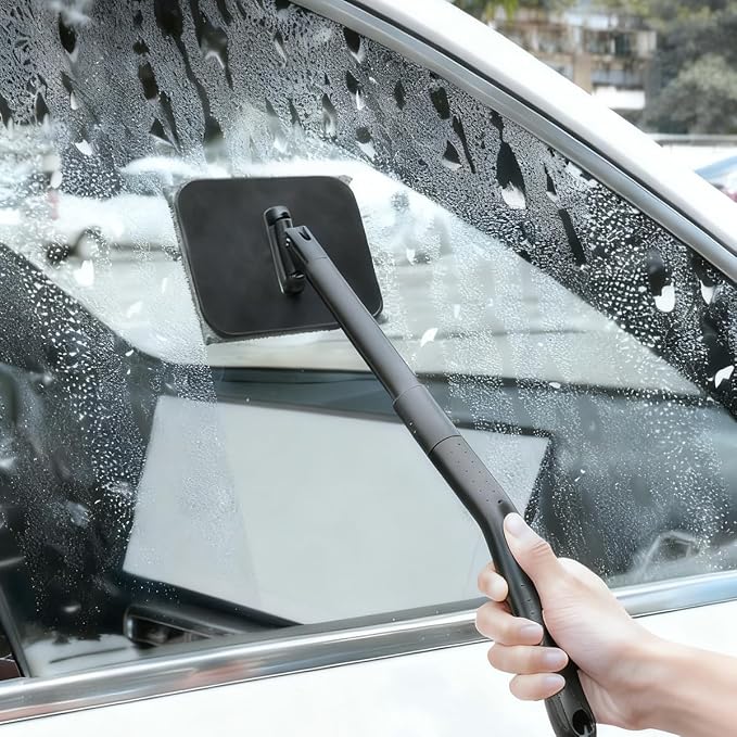 Car Windshield Cleaning Tool, Vehicle Window Glass Cleaner with 2 Reusable Microfiber Pads & Extendable Handle, Automotive Interior Windscreen Wash Kit, Universal for Most Vehicles