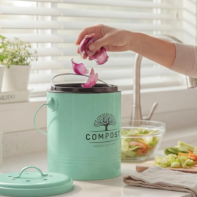 Perfnique Kitchen Compost Bin, 1.3 Gallon Countertop Compost Bin with Lid, Indoor Compost Bucket Includes Inner Bucket Liner and Carbon Filter, Small Compost Bin with Trash Bags (with Bags, Mint)