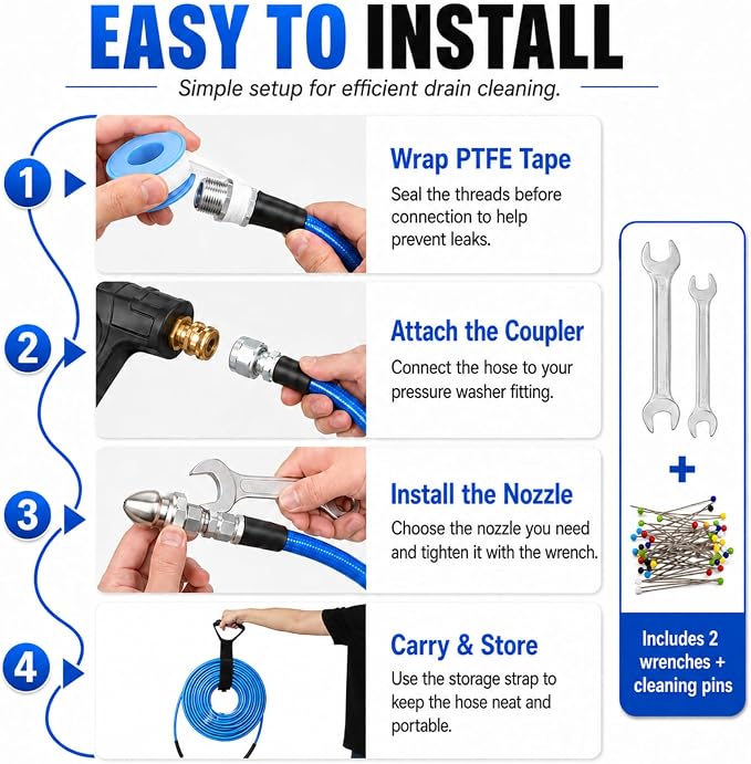 100 FT Sewer Jetter Kit for Pressure Washer, 5800PSI Drain Cleaner Hose | 1/4 Inch NPT Corner with 4 Sewer Jetting Nozzles, Pearl Corsage Pin, Waterproof Tape, Handle Strap&2 Spanner (Blue)