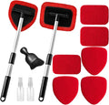 Qydipclin 11pcs Windshield Cleaner Tool, Car Window Cleaning Wash Kit with 6 Reusable Microfiber Pads 2 Spray Bottles and Extendable Handles Auto Glass Wiper Kit, Red