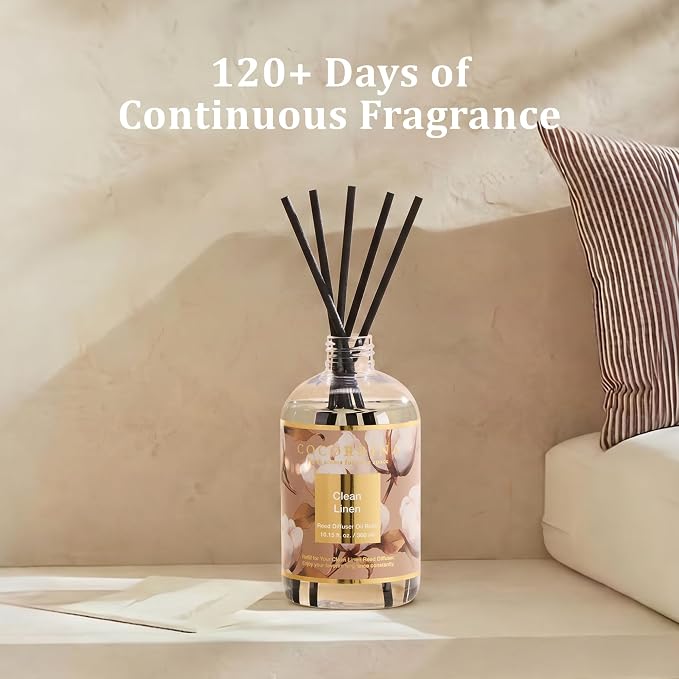 Reed Diffuser Refill Clean Linen 10.14oz (300ml) with 8 Sticks - Premium Long-Lasting Floral Essential Oil, Home Fragrance for Bedroom, Bathroom Home Decor