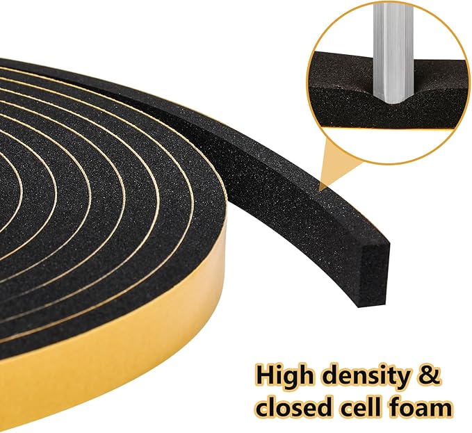 26Feet Weather Stripping Seal (1 Inch X 1/8 Inch) for Door Window, High Density Foam Tape, Soundproofing, Insulation Strip, Door Sealers for Door Frame- Black