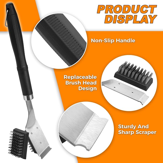 BBQ Grill Cleaning Brush Scraper with 2 Replaceable Stainless Steel Bristles Head, 72-Well Wires Brush, Stainless Grill Grate Cleaner, for Weber Gas, Charcoal, Electrical, Infrared