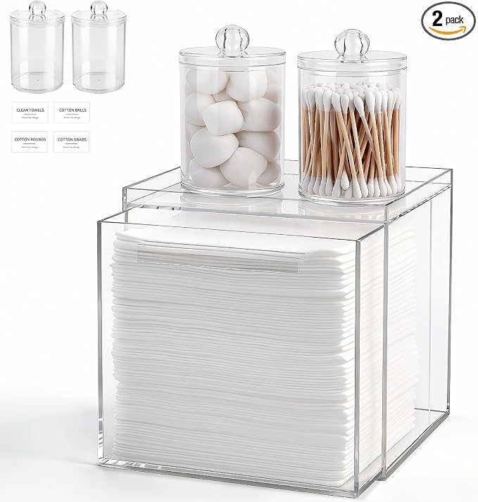 Anyoifax Disposable Face Towels Holder with 2 Pack Qtip Holders, Clear | Acrylic Box Bin Compatible with Clean Skin Club Clean Towelettesl XL Bathroom Counter Storage with Drawer
