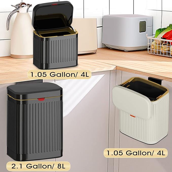 GloDeals Kitchen Trash Can for Counter Top or Under Sink, 1.05 Gallon Stainless Steel Small Compost Bin, Wall Mount Compost bin with Lid for Kitchen, Cabinet Trash Can Hanging (Black)