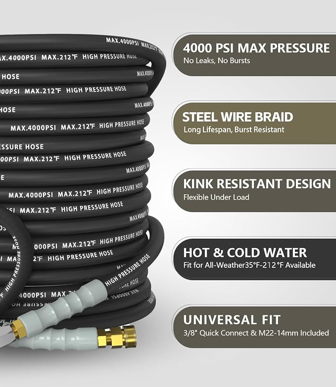 Pressure Washer Hose 100FT 4000 PSI, Kink Resistant Steel Braided Layer & NonMarking Rubber for Hot/Cold Water, High Power Washer Hose With 3/8 Inch Quick Connect & M22 Fitting, Black