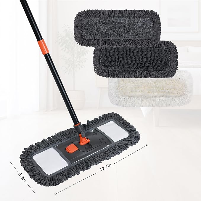 18" Dust Mop Floor Cleaning System, Flat Mop with Stainless Steel Handle, 3 Different Washable Pads Wet and Dust Mopping for Hardwood, Vinyl, Laminate, Tile Cleaning