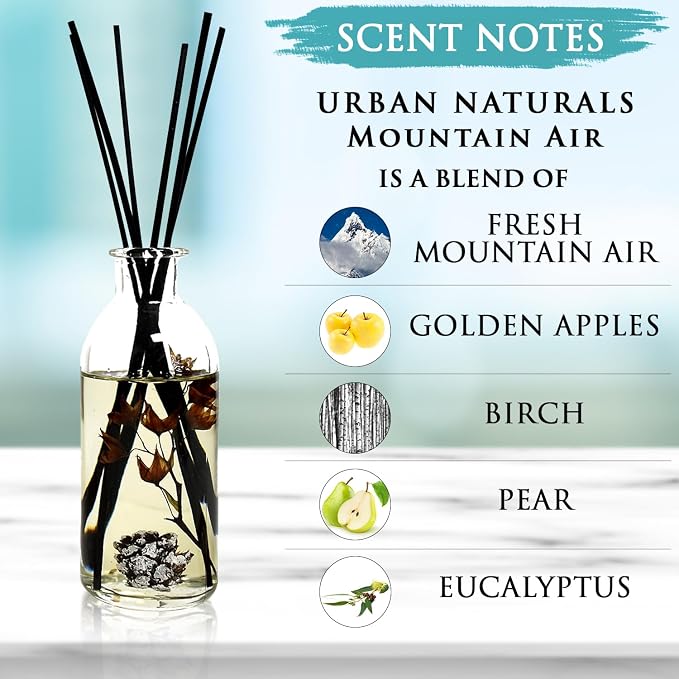 Reed Diffuser Set, Mountain Air - Bathroom Shelf Décor | Scented & Room Freshener, Golden Apples, Birch Wood, Fennel, Pear Eucalyptus, Mint & Aromatic Sage, Decorative Botanicals
