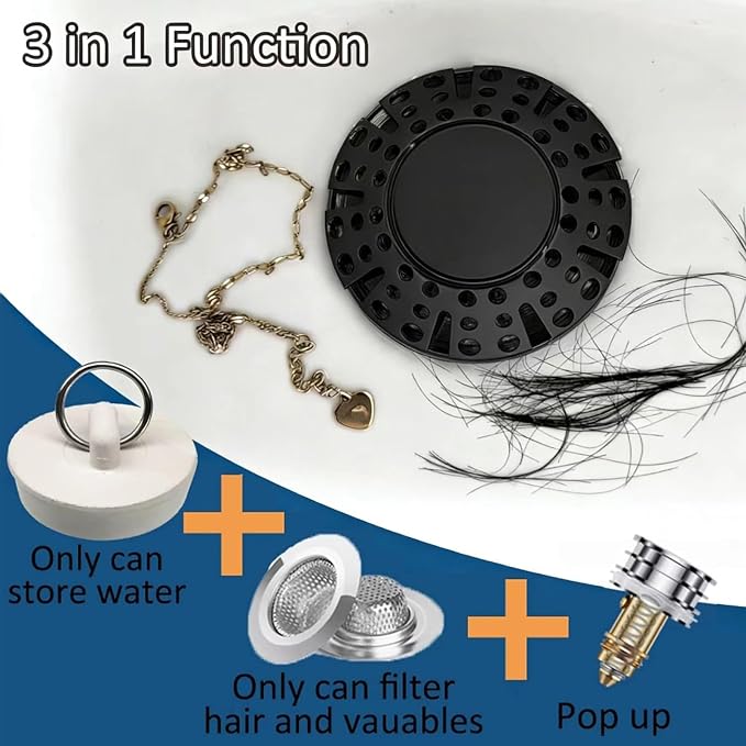 AzWzz Bathtub Drain Stopper, Pop Up Tub Stopper Plug with Bathtub Drain Hair Catcher Cover, Universal for 1.45 in to 1.8 in Tub Drain, Matte Black