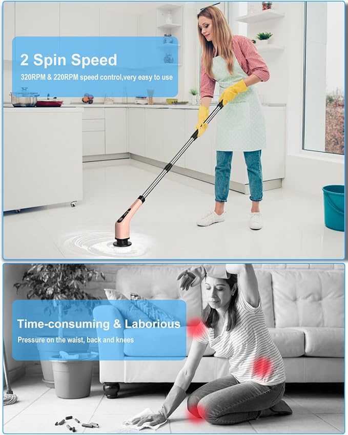 Leebein Electric Spin Scrubber, Cordless Powerful Scrub Brush for Cleaning Bathroom, Kitchen, Shower Tub and Floor Tile with Adjustable Extension Long Handle and 8 Replaceable Brush Heads(Rose)
