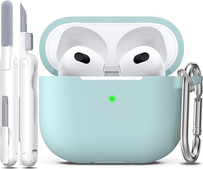 R-fun Compatible with AirPods 3 Case Cover, Silicone Protective Accessories Skin with Keychain Compatible with Apple AirPod 3rd Generation 2021 for Women Men Girls Boys,Front LED Visible,Turquoise