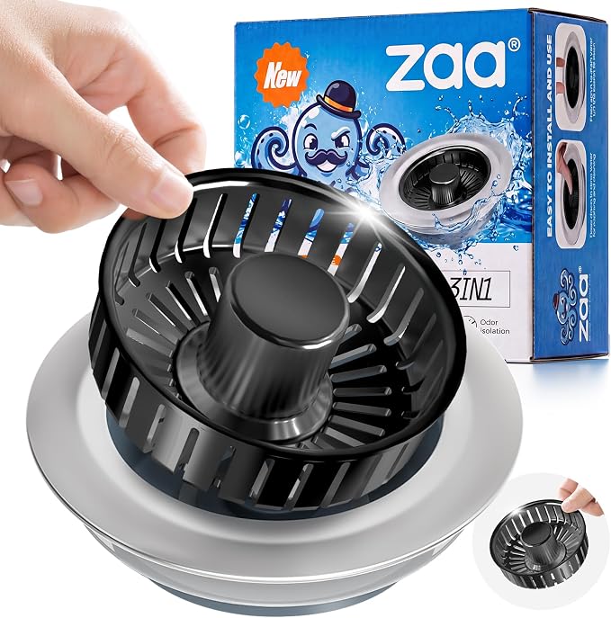 zaa Kitchen Sink Drain Strainer - Kitchen Sink Stopper, 304 Stainless Steel Sink Drain Stopper, Sink Protector for Kitchen with Anti-Clog Filter, Fit US Standard 3-1/2'' Sink Drain Hole, Black