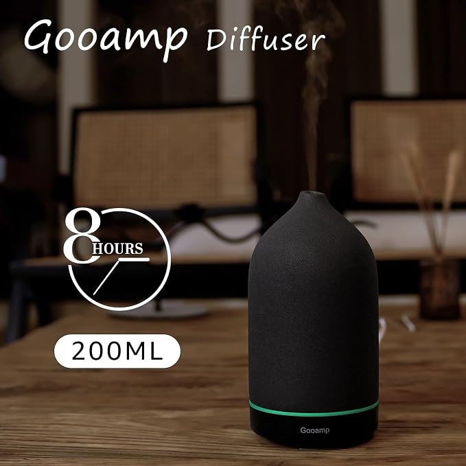 200ML Ceramic Essential Oil Diffuser for Home, Stone Diffuser | Ultrasonic Aromatherapy Diffuser & Air Humidifier for Bedroom, Office, Yoga, 7 LED Lights, Auto Shut-Off, 3 Timers, Black