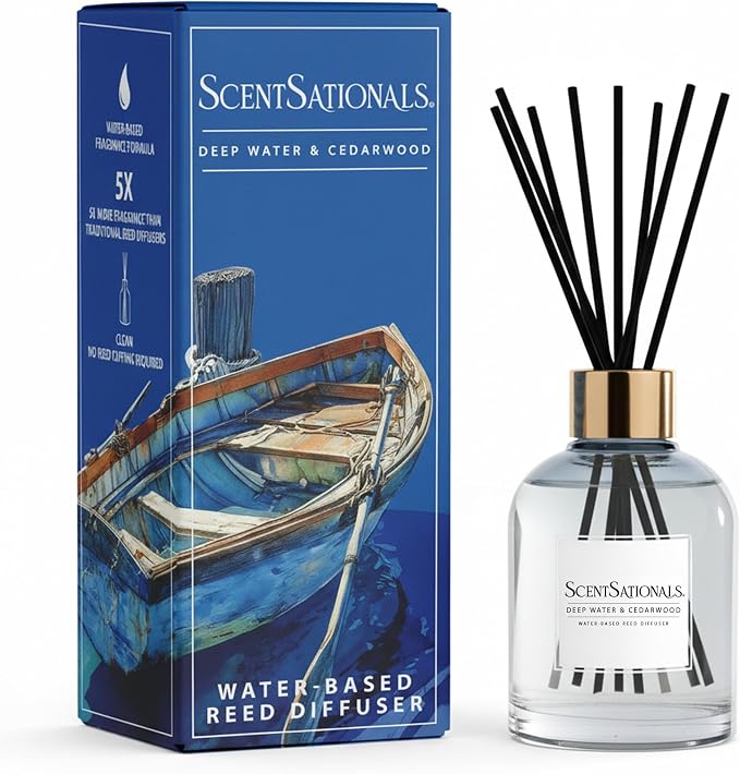 ScentSationals Deep Water & Cedarwood Water-Based Reed Diffuser - 5 FL OZ | Cedar, Marines, & Moss Scented Aromatherapy Reed Diffuser