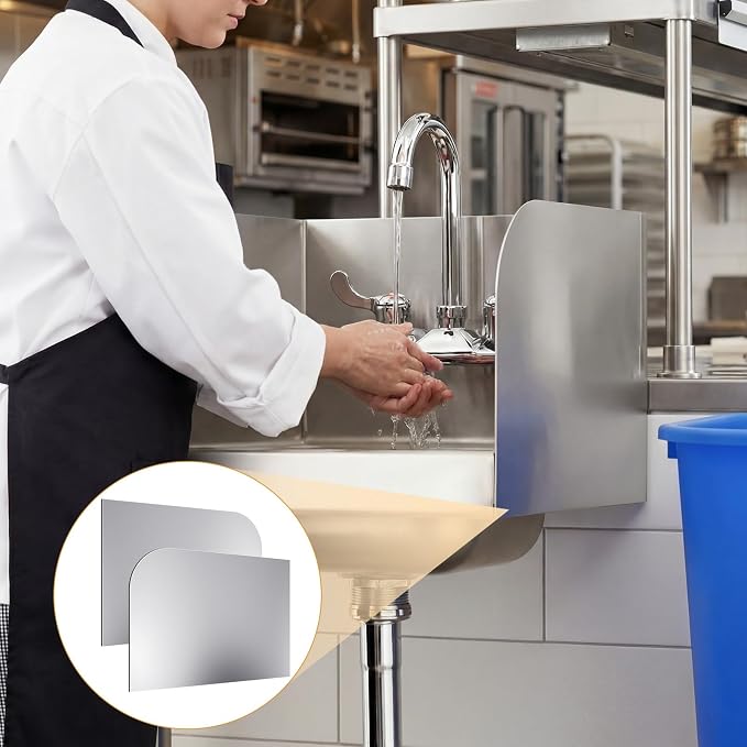 Lewtemi 2 Pcs 14"x 10" Sink Splash Guard for Kitchen 304 Stainless Steel with Double-sided Tape Wall Mount Side Splash Guards Protection for Commercial Kitchens Restaurant Bar Hand Sink