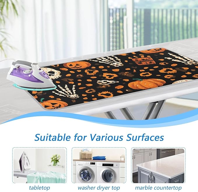 Ironing Mat Portable Ironing Pad Ironing Blanket for Table Top Heat Resistance Double-Side Using Travel Large 47.2 x 27.6 Inch Foldable Halloween Leopard Pumpkin Skull Brown