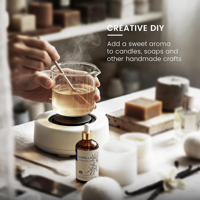 HIQILI Vanilla Essential Oil for Skin, Diffuser, Perfume, Home Scents | Strong Fragrance Add in Unscented Lotion, Candle Soap Making Scent, Warm Sweet Aroma - 100 mL / 3.38 fl oz