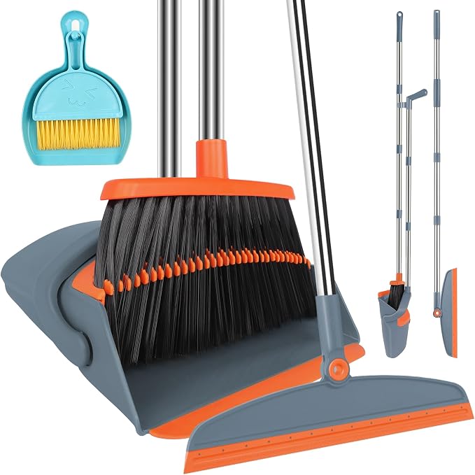 Broom and Dustpan Combo Set, 52" Long Handle with Squeegee & Mini Set | Orange Complete Cleaning Kit, Floor Squeegee for Wet & Dry Messes, Built-in Comb Dustpan, Mini Broom Set，for Home & Pet Areas