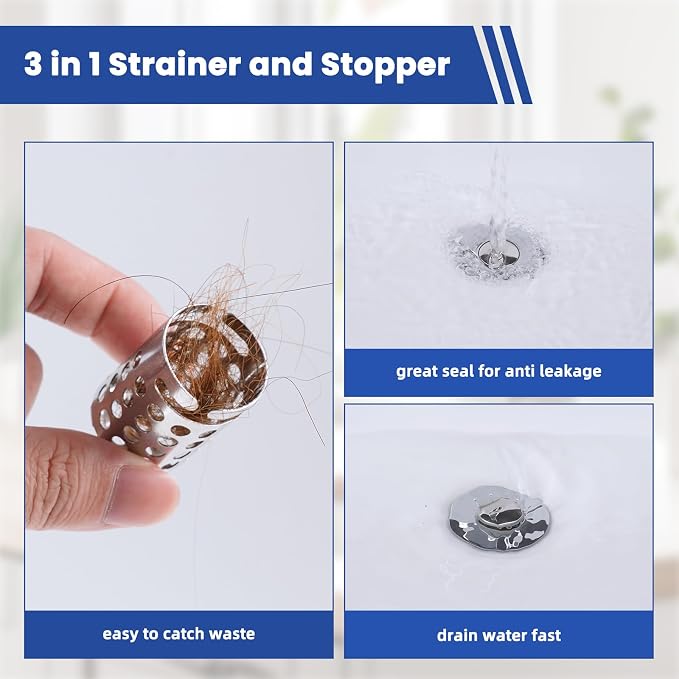 2PCS Universal Bathroom Sink Drain Strainer Hair Catcher, Chrome | Upgraded with Removable Stainless Steel Filter Basket, 3 in 1 Pop Up Sink Stopper for 1.1''~2.36'' Sink Basin Hole