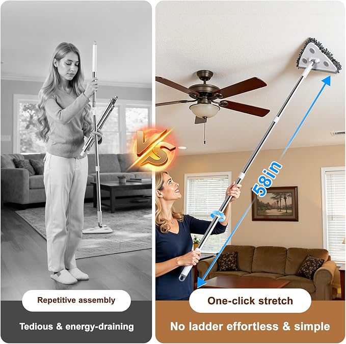 Wall Cleaner Mop with Long Handle, Dust Mop with 6 Reusable Pads | 3-in-1 Wall Duster with Extension pole, 58in Long Handle for Wall/Ceiling/Baseboard/Floors