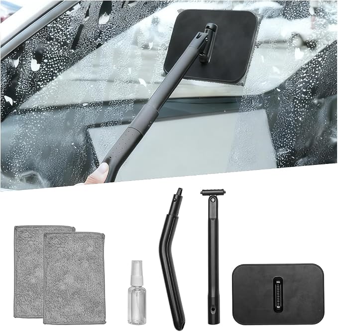 Car Windshield Cleaning Tool, Vehicle Window Glass Cleaner with 2 Reusable Microfiber Pads & Extendable Handle, Automotive Interior Windscreen Wash Kit, Universal for Most Vehicles