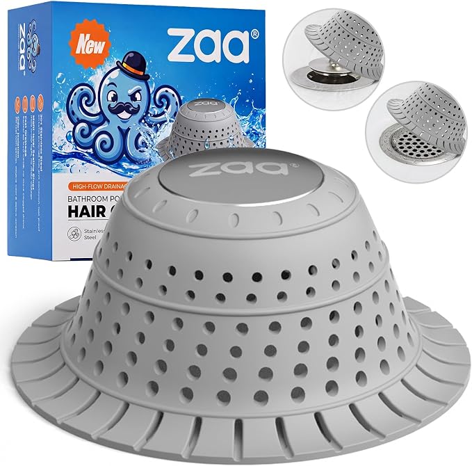 zaa Bathtub Drain Hair Catcher, Premium Silicone Shower Hair Catcher, 1Pack Collapsible Hair Stopper for Pop Up and Regular Drains of Shower, Bathtub, Bathroom Sink, Bathroom Fixture Accessories, Gray