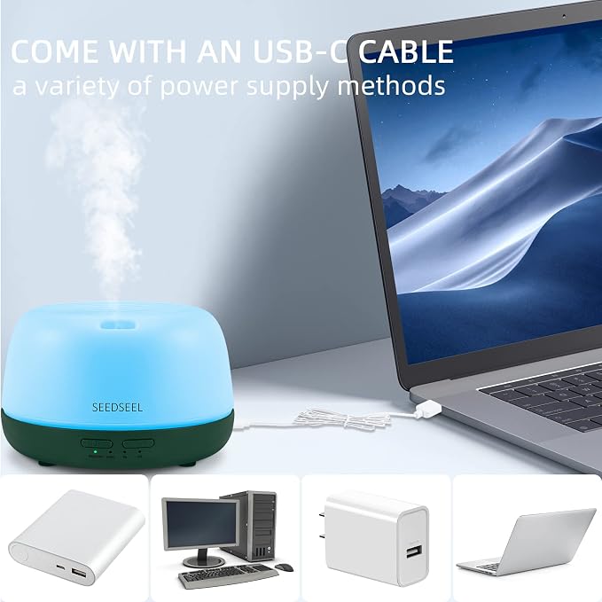 SEEDSEEL 300ML Mini Essential Oil Diffuser with USB-C Power Cord, 7 LED Color Changing Lights, 8 Hours Wood Grain Remote Control Aromatherapy Diffuser. Oil Diffuser for Room, Bedroom, Office, Home