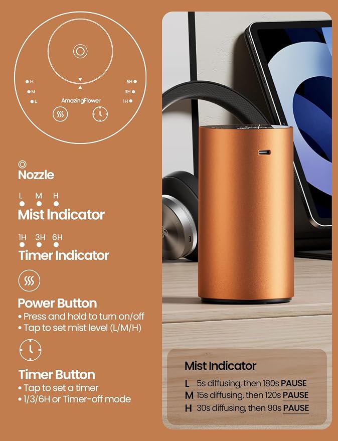 Waterless Essential Oil Diffuser, Rechargeable Car Scent Diffuser, Orange | Premium Aluminum Alloy Housing, Cordless, 3 Mist Levels, Timers, Portable Aromatherapy Diffuser for Home, Car & Office