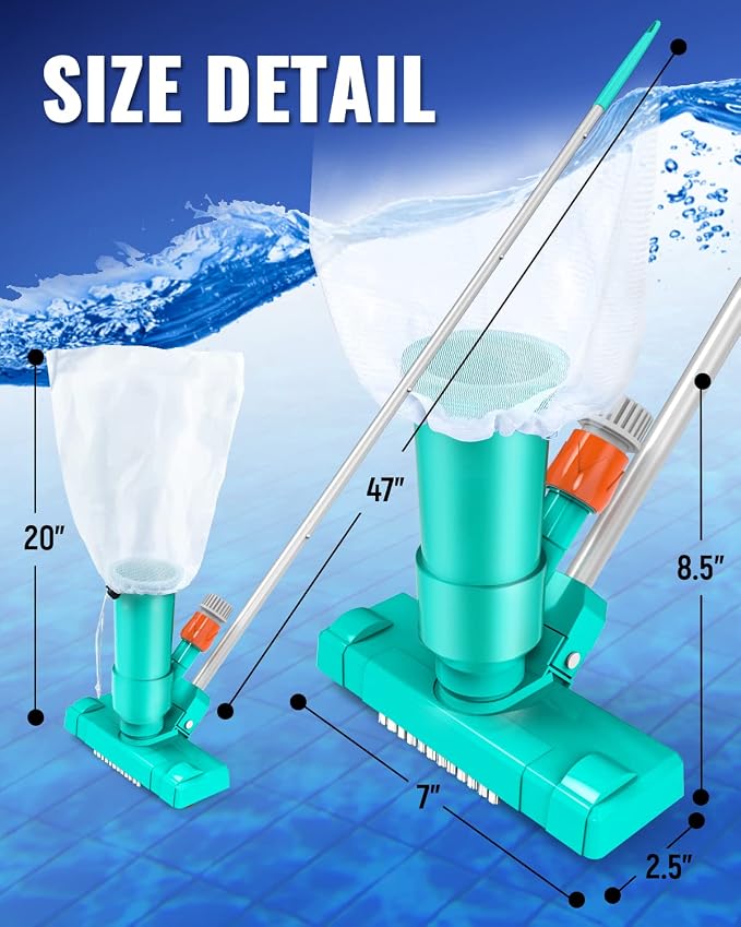 Portable Pool Vacuum for Above Ground/Inground Pool, Pool Cleaner Vacuum with 3 Scrub Brushes, Pool Leaf Vacuum & Nylon Mesh Net, Pool Cleaners for Swimming Spa Fountain Pond Hot Tub, Pure Green