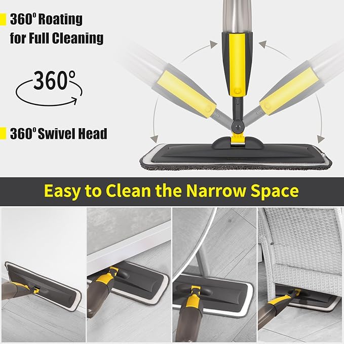Mops for Floor Cleaning, Spray Mop with 400ml Refillable Bottle and 2 Replacement Pads Dry Wet Floor Household or Commercial Hardwood Laminate Tile Ceramic (Yellow)