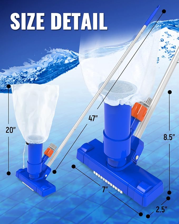 Portable Pool Vacuum for Above Ground/Inground Pool, Pool Cleaner Vacuum with 3 Scrub Brushes, Pool Leaf Vacuum & Nylon Mesh Net, Pool Cleaners for Swimming Spa Fountain Pond Hot Tub, Pure Blue