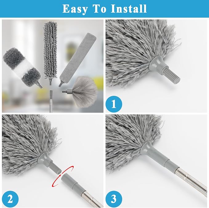 Microfiber Duster Kit 25pcs with 30 to 100 Inches Extension Pole and Baseboard Cleaner Tool, Washable and Bendable Feather Duster for Cleaning Ceiling Fans, High Ceilings, Cobwebs, Blinds,Grey