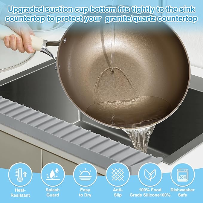 Silicone Sink Edge Protectors 4" x 24", Upgrade Kitchen Sink Splash Guards With Suction Cup, Splash Guard For Bathtub Sink, Countertop Protectors For Quartz Kitchen Sink（Gray）