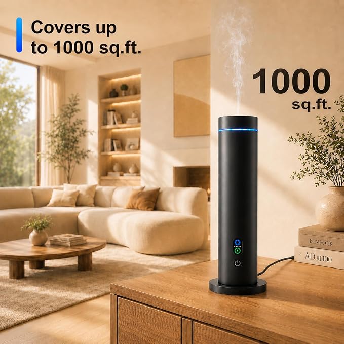 Waterless Essential Oil Diffuser, Metal Scent Diffuser, Black | Includes 6 essential oils, AC powered, 1000 sq.ft coverage for home, office & hotel, aluminum alloy body, remote control