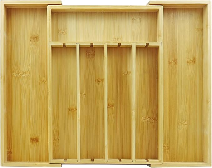 Kitchen Bamboo Silverware Drawer Organizer - Expandable Utensil Organizer for Flatware, Adjustable Cutlery & Knives. Ideal Utensil 7 Slots Total Drawer Organizer for Kitchen, Natural
