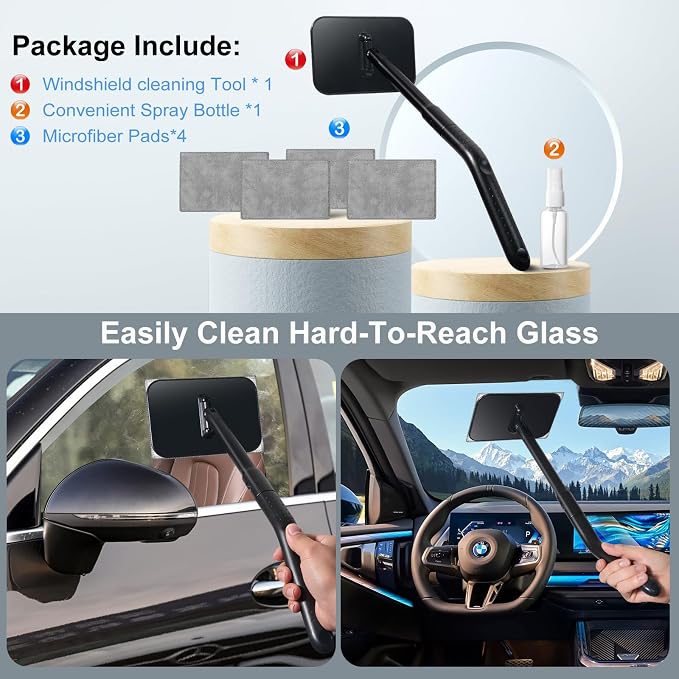 Car Windshield Cleaning Tool,Car Window Cleaning Wash Kit with 4 Reusable Microfiber Pads and 1 Spray Bottle,Extendable Long Handle Glass Wiper Cleaning Kit for Auto Glass, Trucks, SUVs, RVs, Home