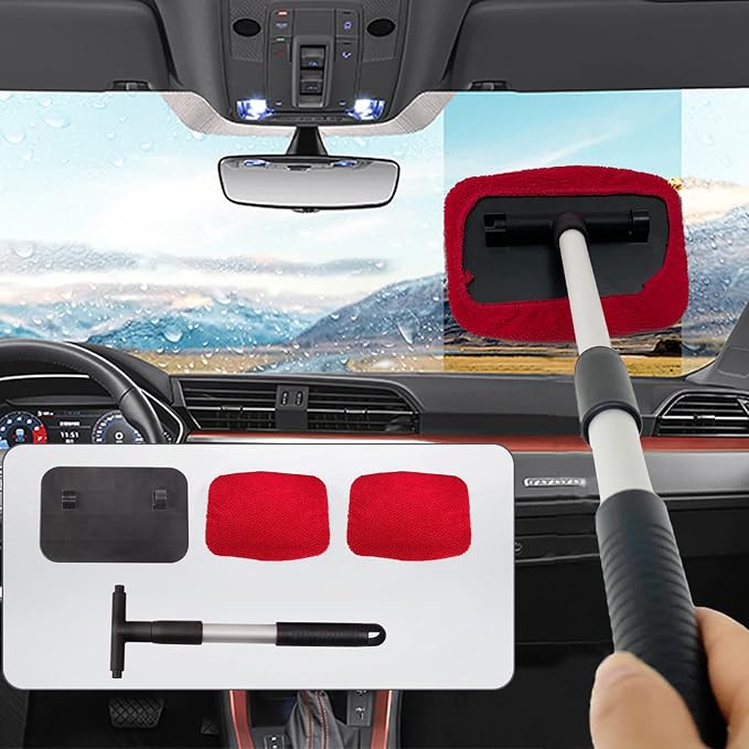 Car Glass Cleaner Wiper,Windshield Cleaning Tool, Microfiber Window Cleaner with Extendable Handle,Auto Glass Wiper Kit(Red Square)