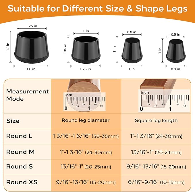 Meldel 24 PCS Silicone Chair Leg Floor Protectors Large (1.2"-1.4") Rubber Felt Furniture Pads Chair Legs Caps/Covers for Hardwood Floors, Tile from Scratches & Reduce Noise - Round, Black