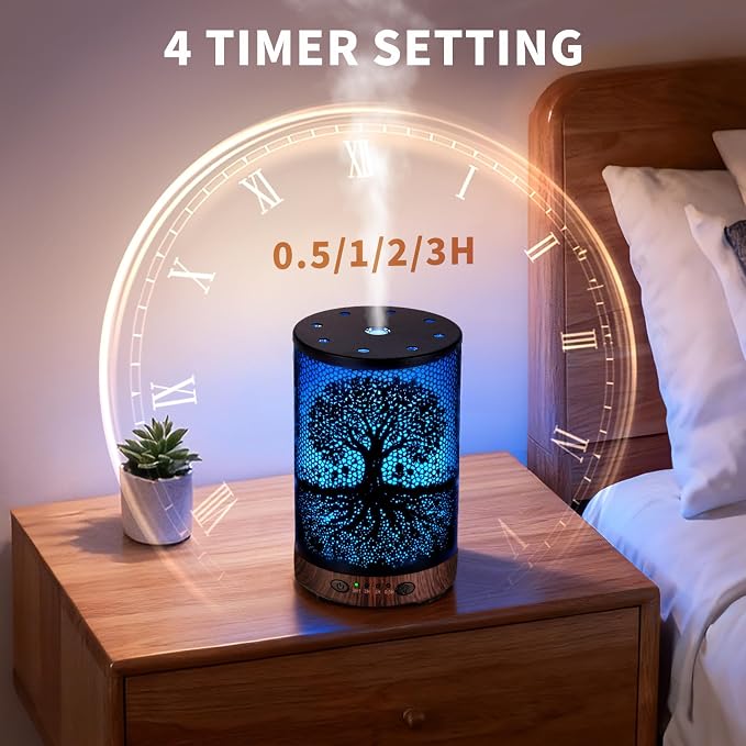 Essential Oil Diffuser 120ML Metal Aromatherapy Diffuser with Timer, Cool Mist Humidifier with Auto Shut-Off & 7 Color Lights for Home Office Spa (Life Tree)