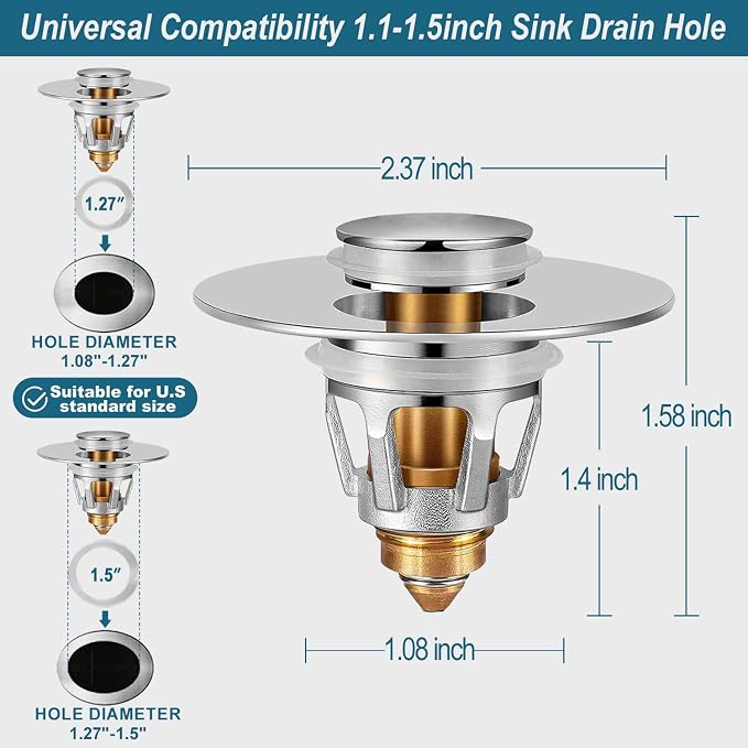 Universal Bathroom Sink Stopper - Upgraded Pop up Drain Strainer with Hair Catcher, Fits 1.1-1.5 Inch U.S. Standard Drain Holes - Anti-Clogging Filter - Pure Brass Construction
