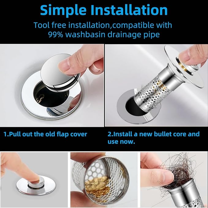 Bathroom Sink Drain Strainer 2 Pack,Bathroom Sink Stopper with Pop-Up Drain and Removable Hair Catcher, Stainless Steel Filter Basket, Fits Standard US Bathroom Sinks