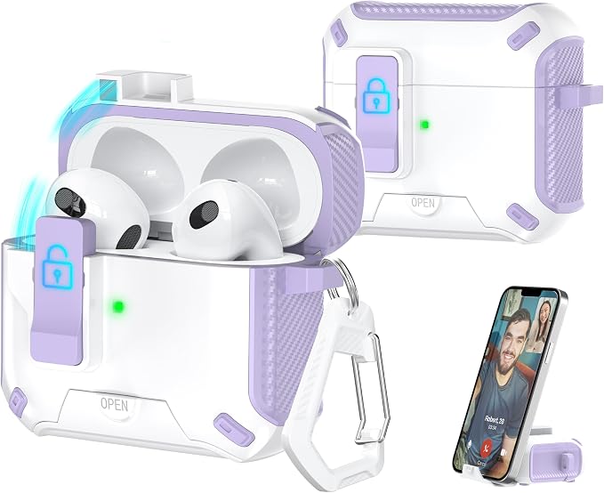 for AirPods 3 Case with Lock Phone Stand Magnetic Lid, Pur+White | Compatible with Apple AirPods 3rd Generation (2019) Case with Cleaner Kit & Carabiner, Powerful Drop Protection