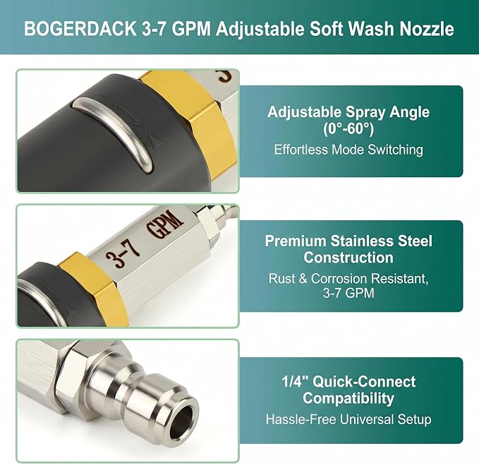 Stainless Steel Adjustable Downstream Soft Wash Nozzle with 1/4" Quick Connect, 0° to 60° Spray Pattern for Pressure Washer 3-7 GPM – for Roofs, Siding, Gutters & Vehicles