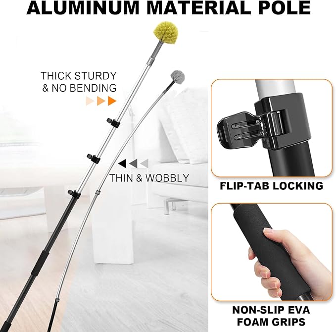 4-12Ft Cobweb Duster with 4-Stage Extension Pole for Ceiling Wall | Feather Dusters with Bristles for Outdoor Indoor, 4-Stage Spider Web Remover with Telescopic Pole for Ceiling Wall Yellow