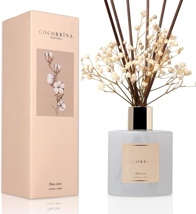 Reed Diffuser Set, Clean Linen 6.7 fl oz Scented Diffuser with Sticks Home Fragrance Reed Diffuser for Bathroom Shelf Décor